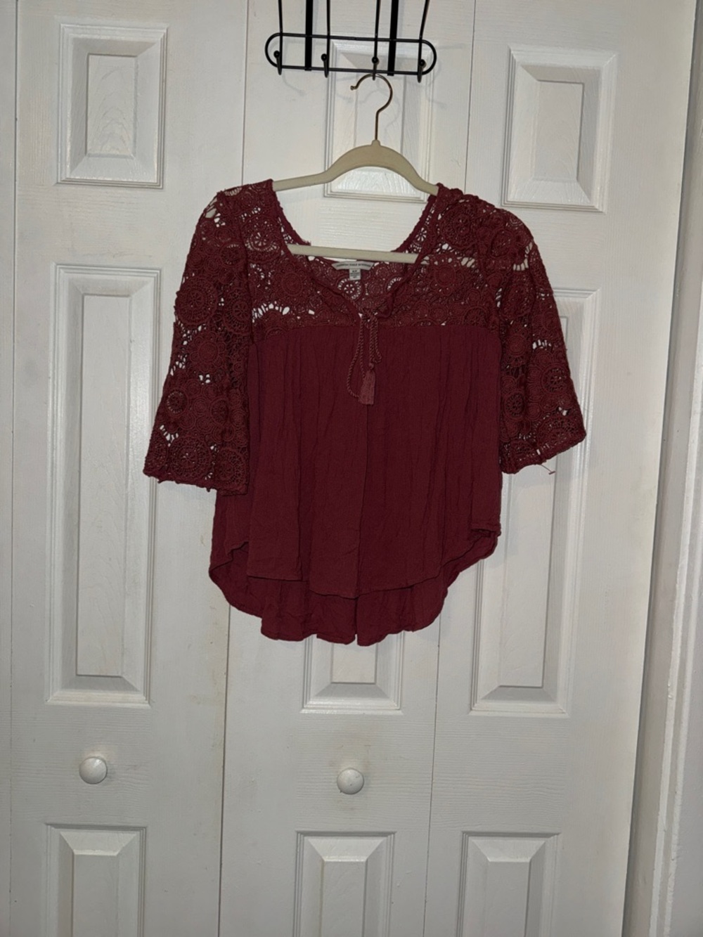 American Eagle Outfitters Wine Crochet Yoke Peasant Top